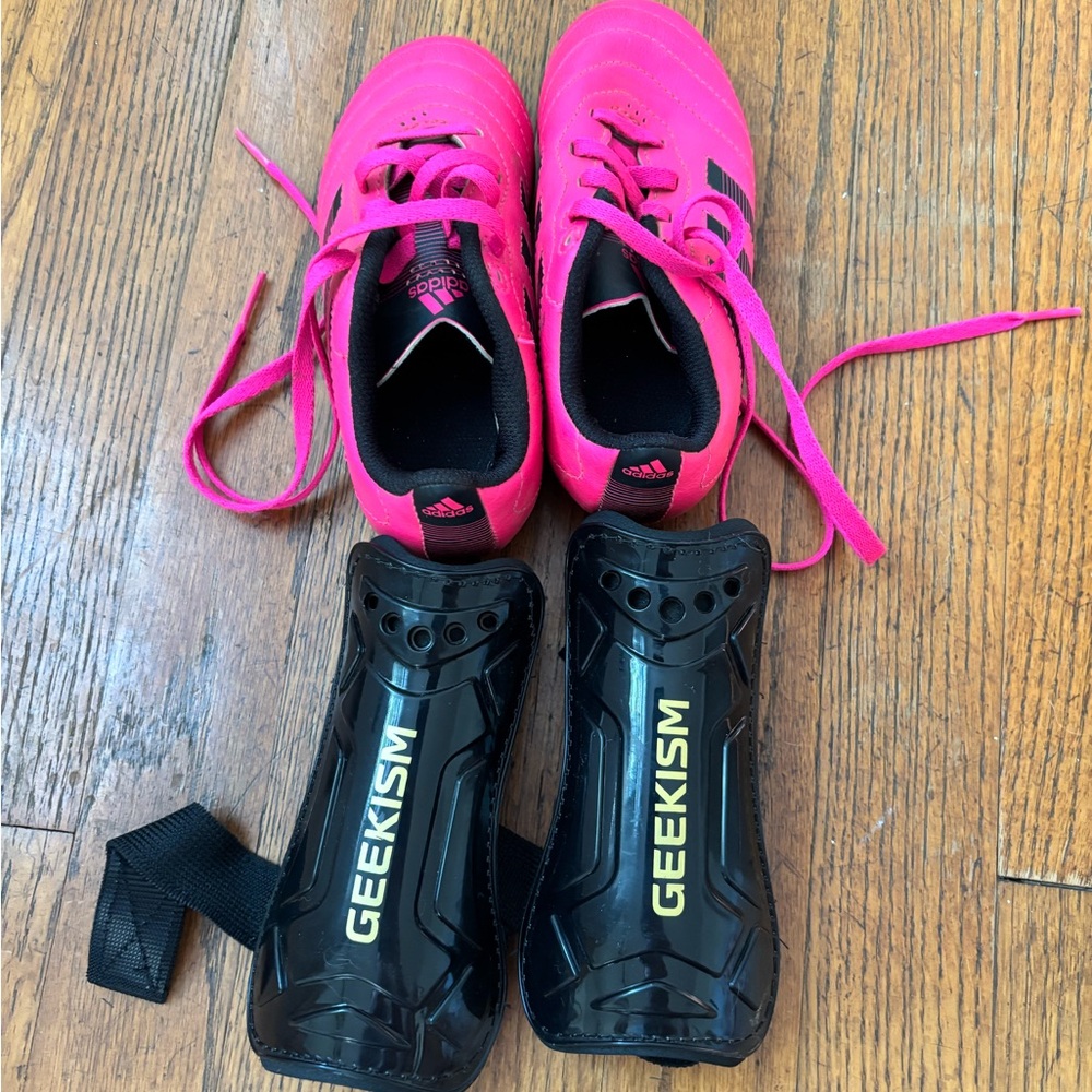 Adidas Kids Pink Soccer Shoes and shin guards